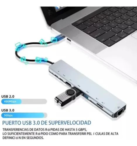 Hub Adaptador Multi Tipo C 8 En 1 Usb C A Hdmi Con Ethernet Plateado - Imagen 3