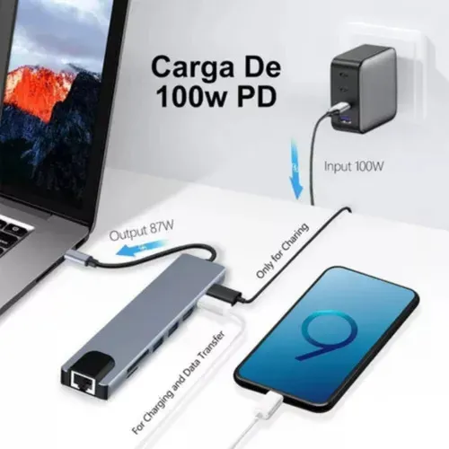 Hub Adaptador Multi Tipo C 8 En 1 Usb C A Hdmi Con Ethernet Plateado - Imagen 7