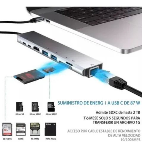 Hub Adaptador Multi Tipo C 8 En 1 Usb C A Hdmi Con Ethernet Plateado - Imagen 5