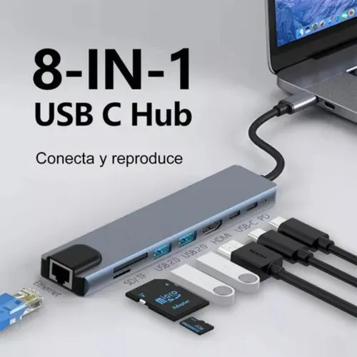 Hub Adaptador Multi Tipo C 8 En 1 Usb C A Hdmi Con Ethernet Plateado - Imagen 6