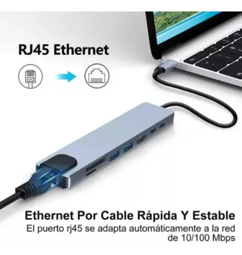 Hub Adaptador Multi Tipo C 8 En 1 Usb C A Hdmi Con Ethernet Plateado - Imagen 4