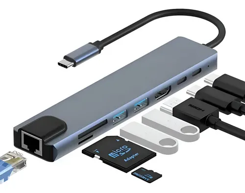 Hub Adaptador Multi Tipo C 8 En 1 Usb C A Hdmi Con Ethernet Plateado