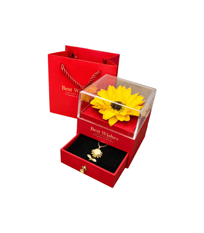 Collar Girasol Giratorio Con Caja Girasol Eterno Dorado Collar Girasol Giratorio Con Caja Girasol Eterno Dorado